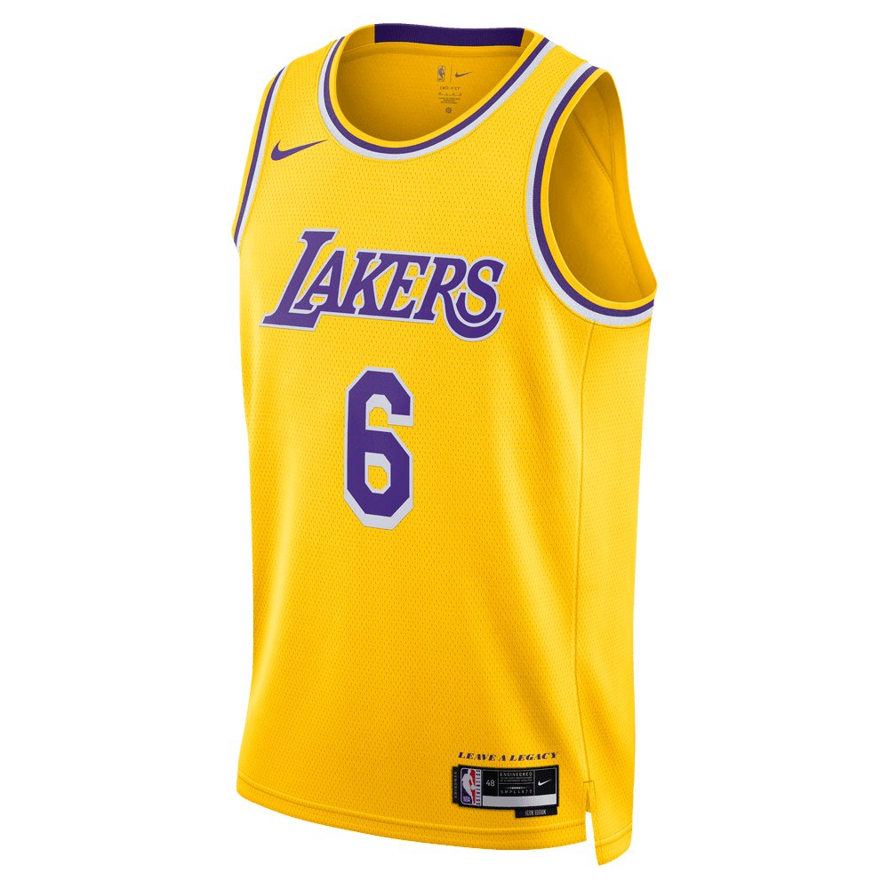 Los Angeles Lakers yellow jersey with player number 6, featuring breathable mesh and bold team graphics.